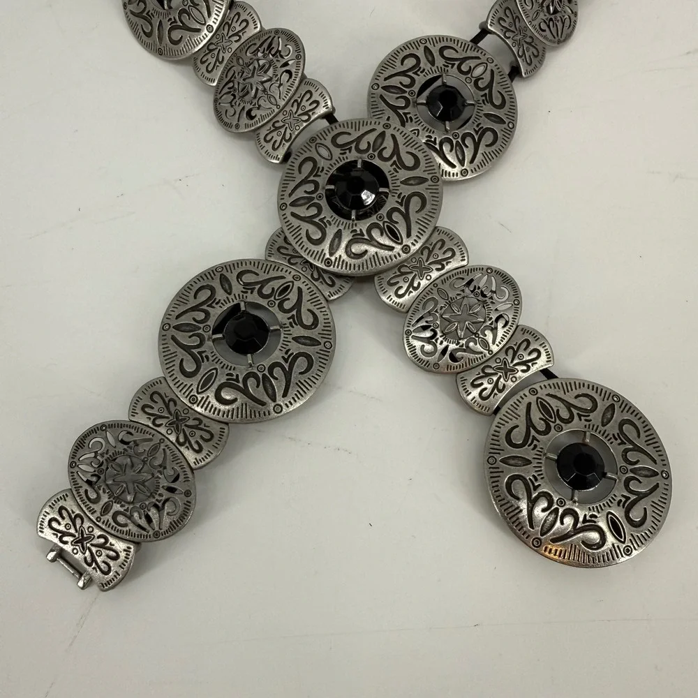 Vintage Y2K Silver Tone Concho Belt Black‎ Rhinestone Boho Western Festival 37